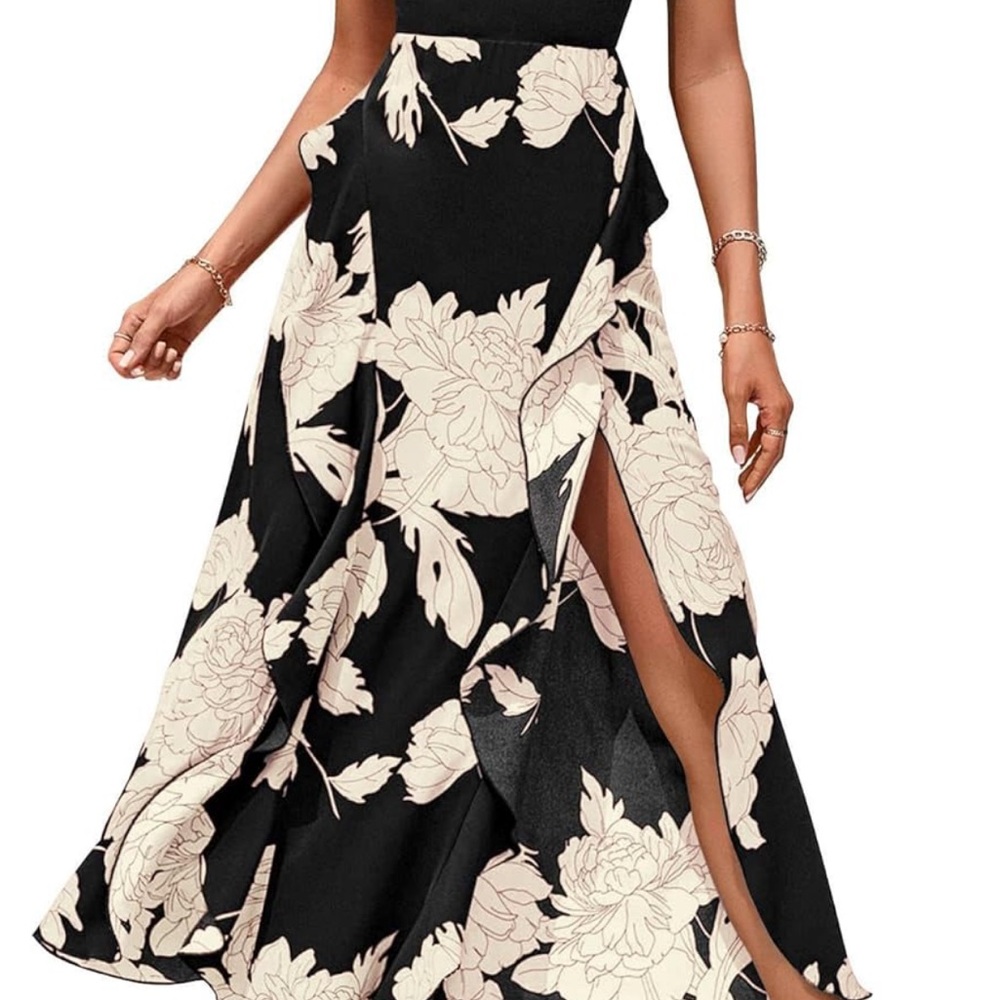 Elegant Black and Cream Floral Midi Dress